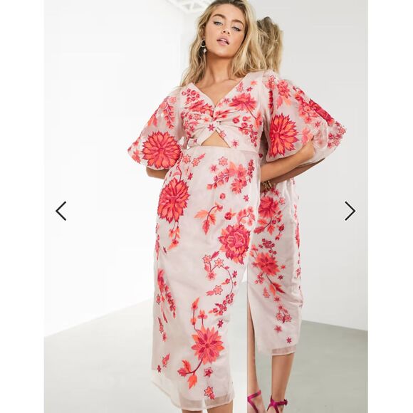 ASOS EDITION Embroidered Organza Midi Dress Women's 6 Pink Puff Sleeves Floral - Picture 1 of 12